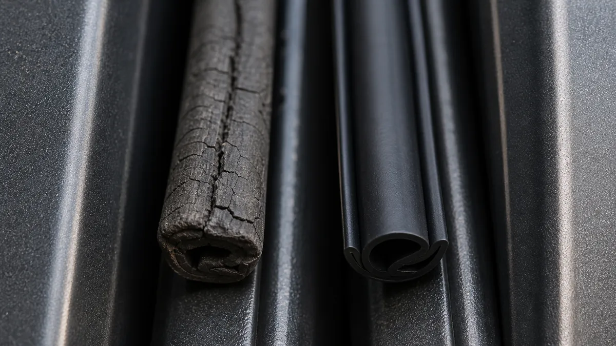 Garnitură uzată comparată cu una nouă pe o ușă metalică