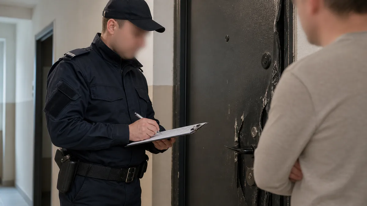 Polițist întocmind procesul-verbal pentru o tentativă de efracție