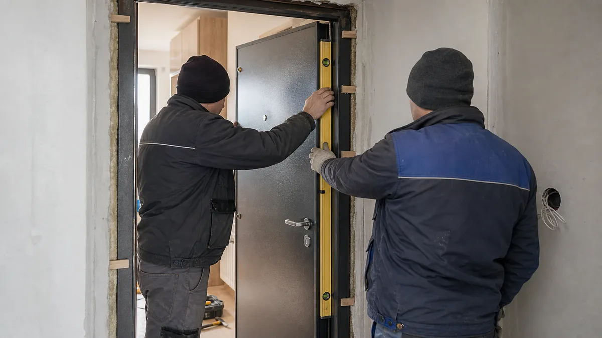 Echipă de montatori verificând nivelul ușii în timpul instalării